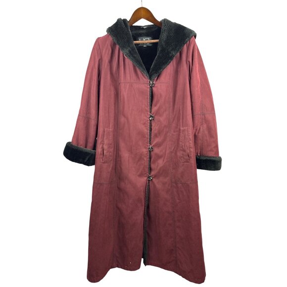 Women’s Utex Design Medium Long Burgundy & Black Fur Lined Hooded Suede Coat - Picture 1 of 6